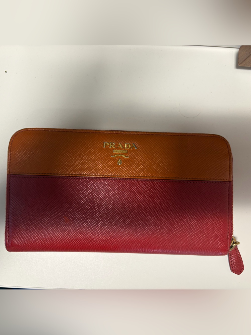 PRADA Red and Orange Saffiano Zip-Around Wallet